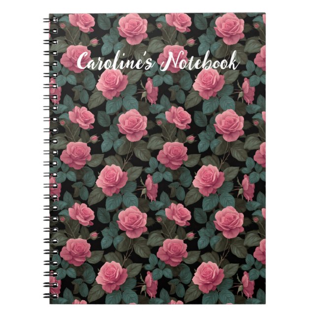 Editable Pink Roses on Black Floral Pattern Custom Notizblock (Vorderseite)