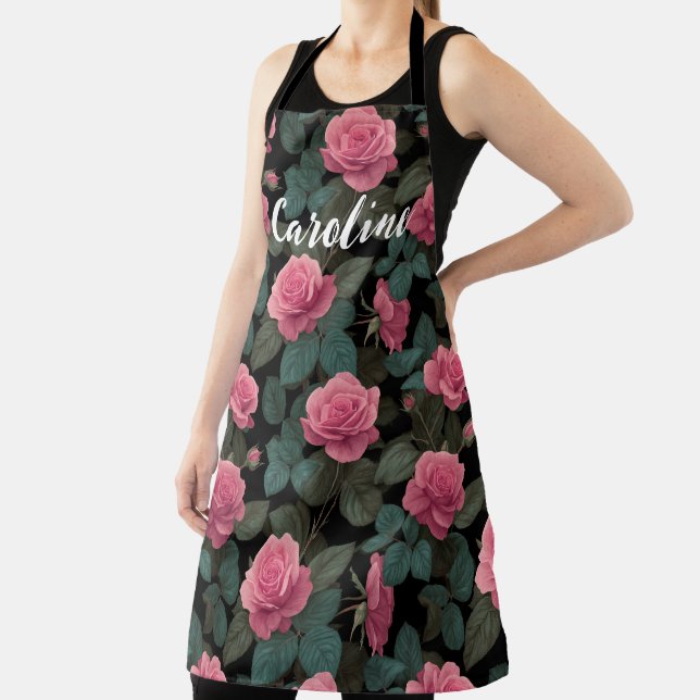 Editable Pink Roses on Black Floral Pattern Custom Schürze (InSitu)
