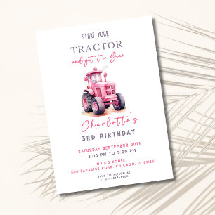 Editable Pink Tractor Birthday Einladung