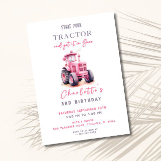 Editable Pink Tractor Birthday Einladung