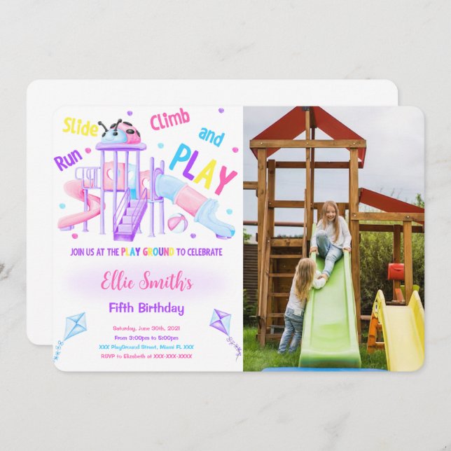 Editable Playground Birthday Foto Einladung (Vorne/Hinten)