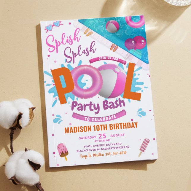Editable Pool Party Bash Pink Geburtstag Einladung (Editable Pool Party Bash Pink Birthday Invitation)