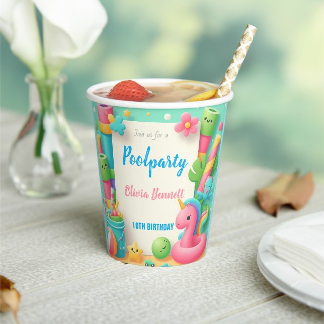 Editable Pool Party Geburtstag Sommerschwimmen Pappbecher (In Situ)