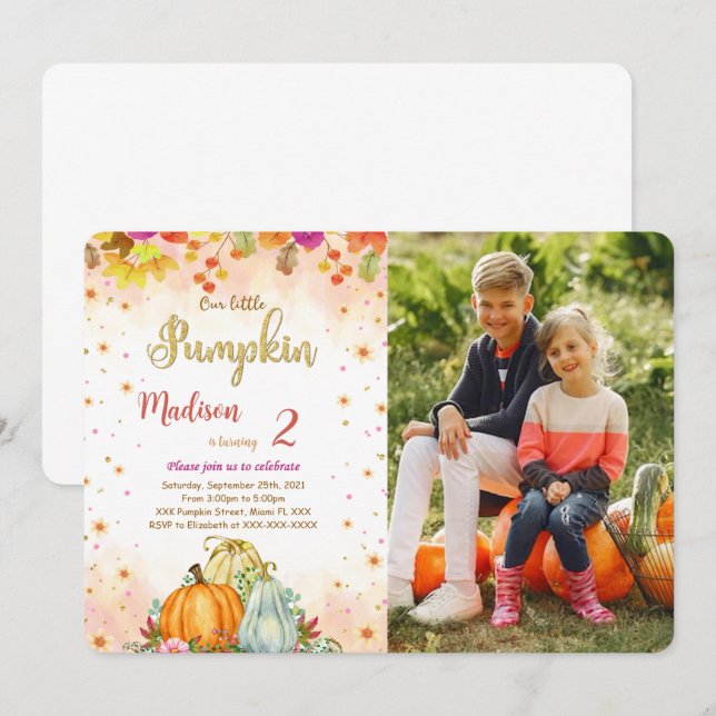 Editable Pumpkin Birthday Foto Einladung (Vorne/Hinten)