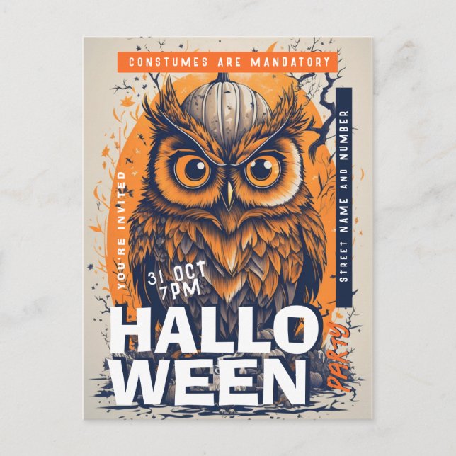 Editable Pumpkin Owl Halloween-Party Einladung Postkarte (Vorderseite)