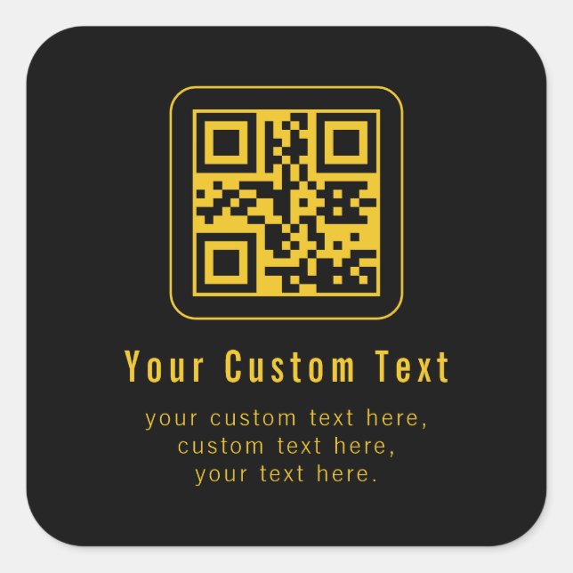 Editable QR Code & Text Template | Black & Gold Quadratischer Aufkleber (Vorderseite)