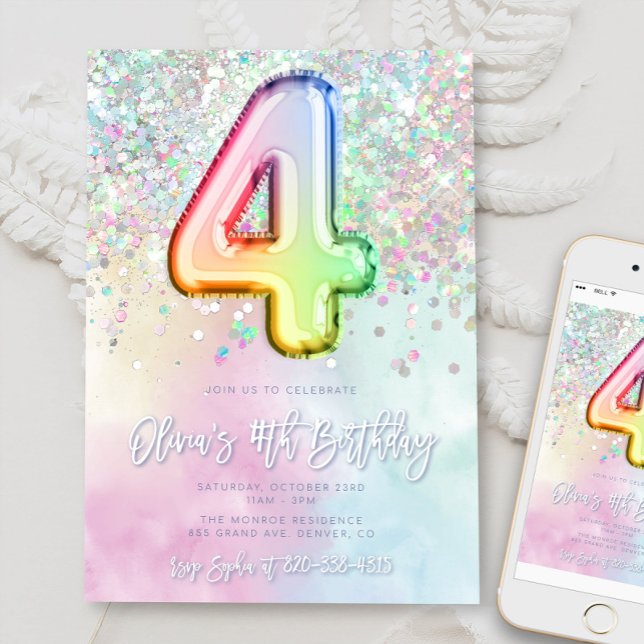 Editable Rainbow Glitzer 4. Geburtstag Einladung 4 (Von Creator hochgeladen)