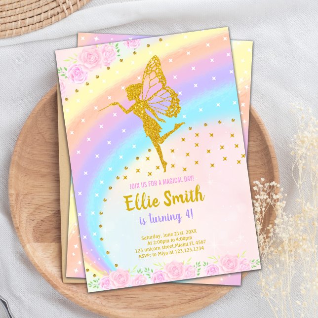 Editable Rainbow Glitzer Fairy Birthday Einladung (Rainbow Glitter Fairy Birthday Invitations)