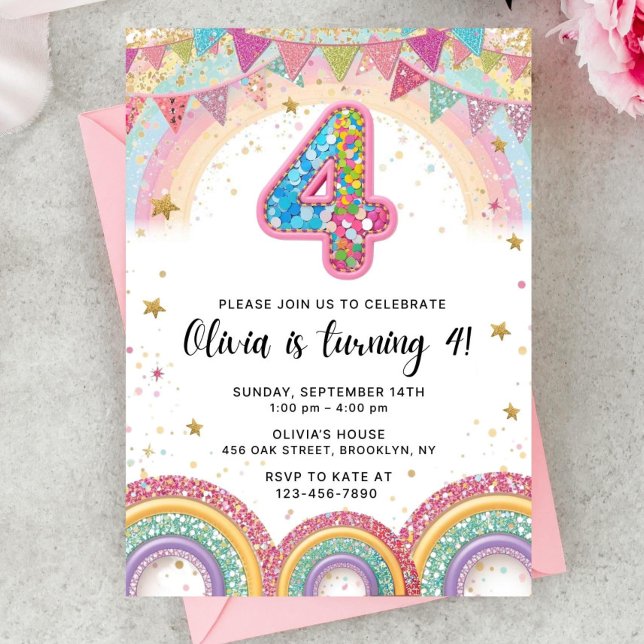 Editable Rainbow Sequin 4th Birthday Invitation Einladung (Von Creator hochgeladen)