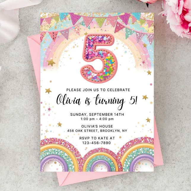 Editable Rainbow Sequin 5th Birthday Invitation Einladung (Von Creator hochgeladen)