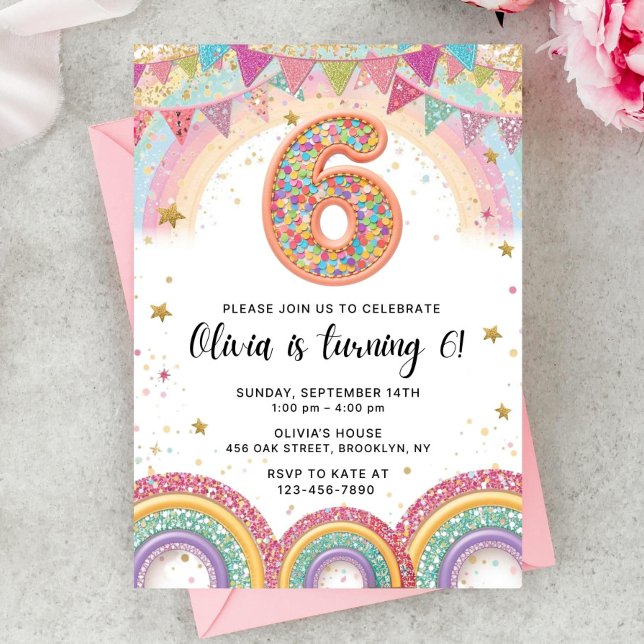Editable Rainbow Sequin 6th Birthday Invitation Einladung (Von Creator hochgeladen)