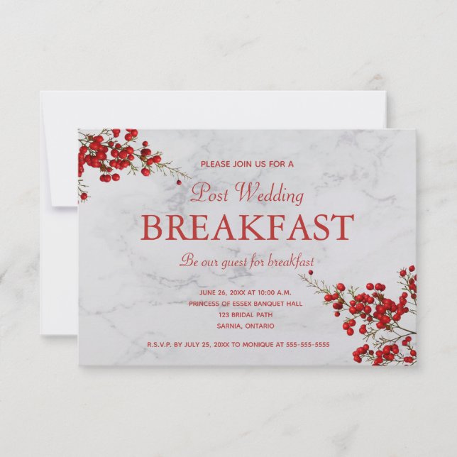Editable Red Berries Gray Marble Frühstück RSVP Karte (Vorderseite)