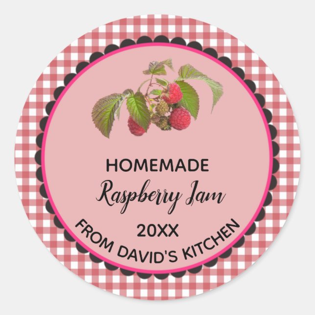 Editable Red Gingham Raspberry Jam Label Stickers (Vorderseite)