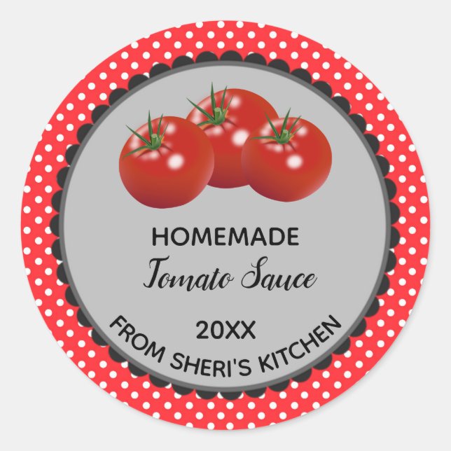 Editable Red Polka Dot Tomato Sauce Label Stickers (Vorderseite)