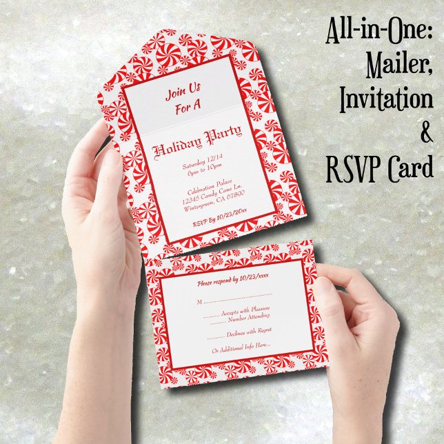 Editable Red White Peppermint All in one Einladung (Peppermint Candy Pattern Editable Invitation, mailer and RSVP card)