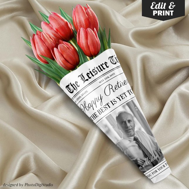 Editable Retirement Newspaper Blume Bouquet Geschenkpapier Set (Editable Retirement Newspaper Flower Bouquet Wrapping Paper Sheets)