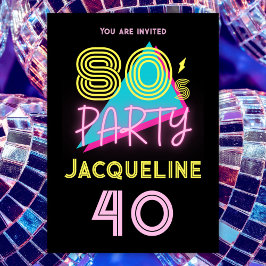 Editable Retro 80er Party Neon Pink 40. Geburtstag Einladung