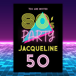 Editable Retro 80er Party Neon Pink 50. Geburtstag Einladung