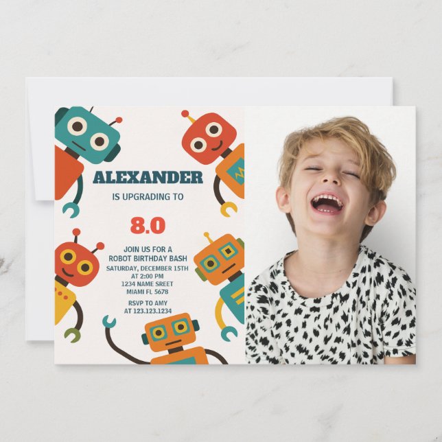 Editable Robot Birthday Einladung für Kinder (Vorderseite)