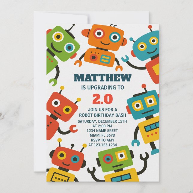 Editable Robot Birthday Invite Einladung (Vorderseite)