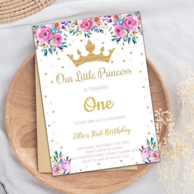 Editable Royal Party for Girls Einladung (Floral Crown Glitter Princess Birthday Invitations)