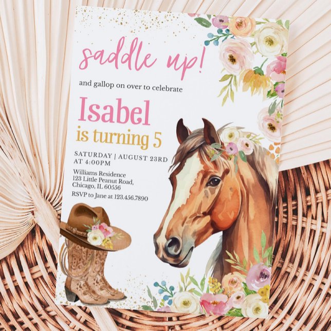 Editable Saddle Up Pink Horse CowGirl Birthday Inv Einladung (Von Creator hochgeladen)