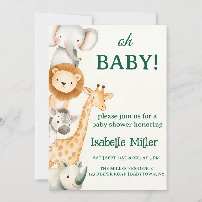 Editable Safari Baby Shower Einladung Tiere (Vorderseite)