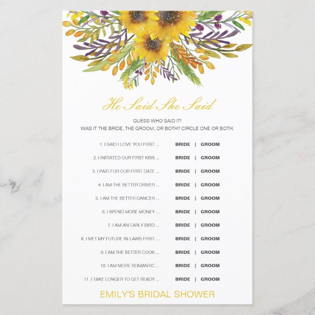 Editable sagte, sie sagte Polterabend Game (Vorderseite)