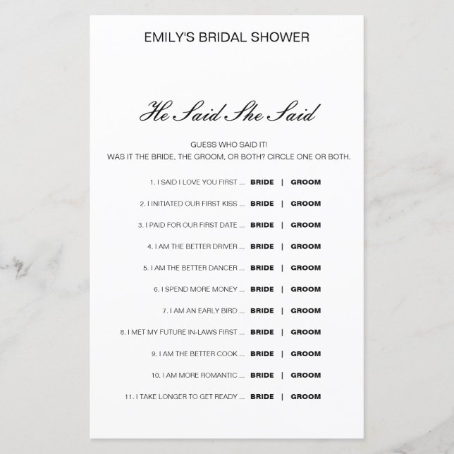 Editable sagte, sie sagte Polterabend Game (Vorderseite)