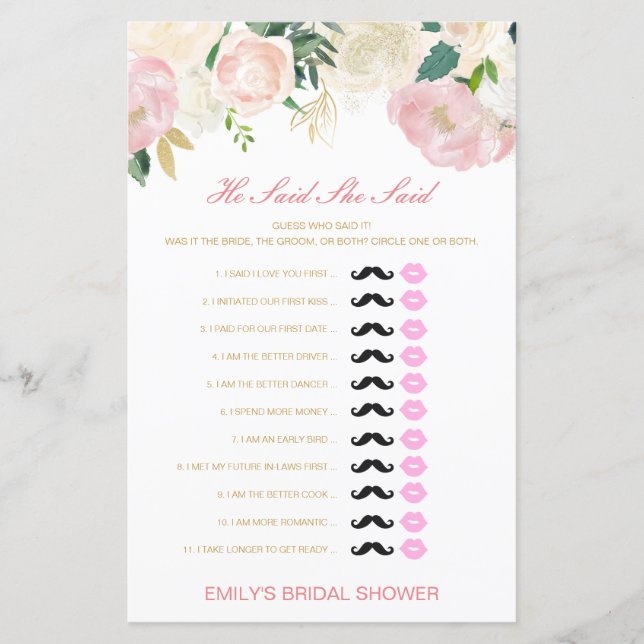 Editable sagte, sie sagte Polterabend Game (Vorderseite)