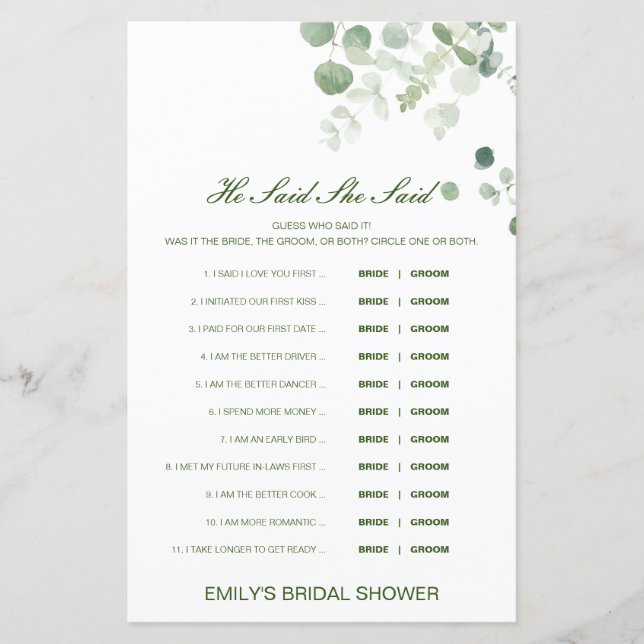 Editable sagte, sie sagte Polterabend Game (Vorderseite)