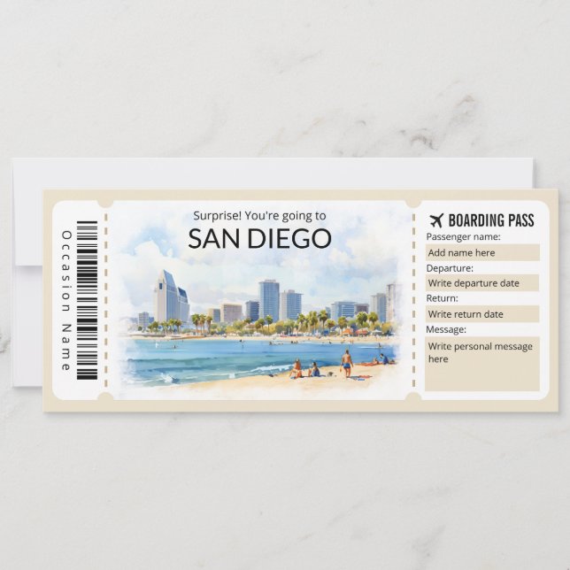 Editable San Diego Flugzeug Ticket, Kalifornien Tr Einladung (Vorderseite)