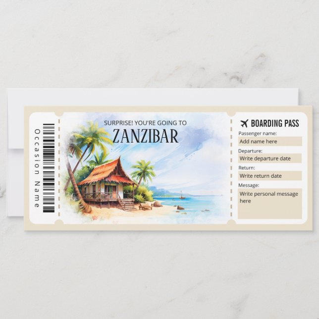 Editable Sansibar Tansania Flugzeug Boarding Pass Einladung (Vorderseite)
