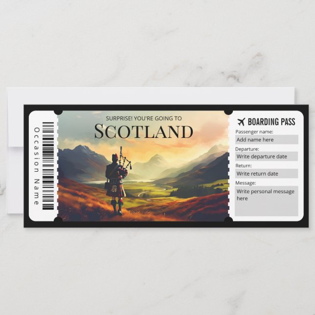 Editable Scotland Flugzeug Boarding Pass Ticket Einladung (Vorderseite)