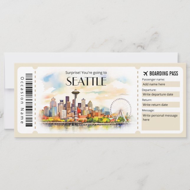 Editable Seattle Flugzeug Boarding Pass Ticket Einladung (Vorderseite)