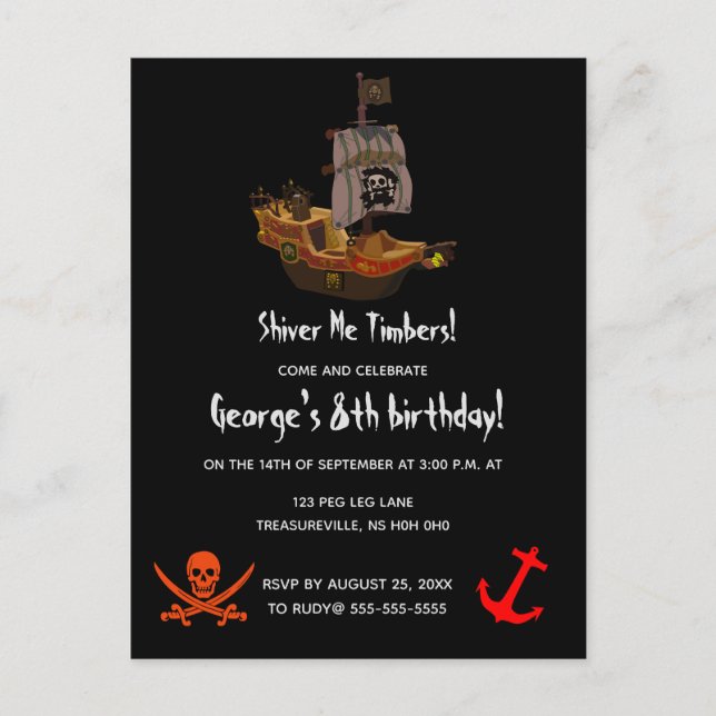Editable Shiver Me Timbers Pirate Einladungspostkarte (Vorderseite)