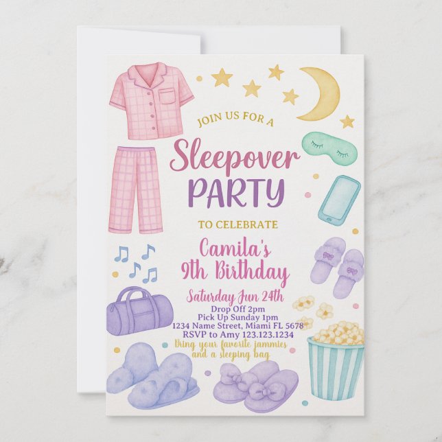 Editable Sleepover Geburtstagsparty Einladung (Vorderseite)