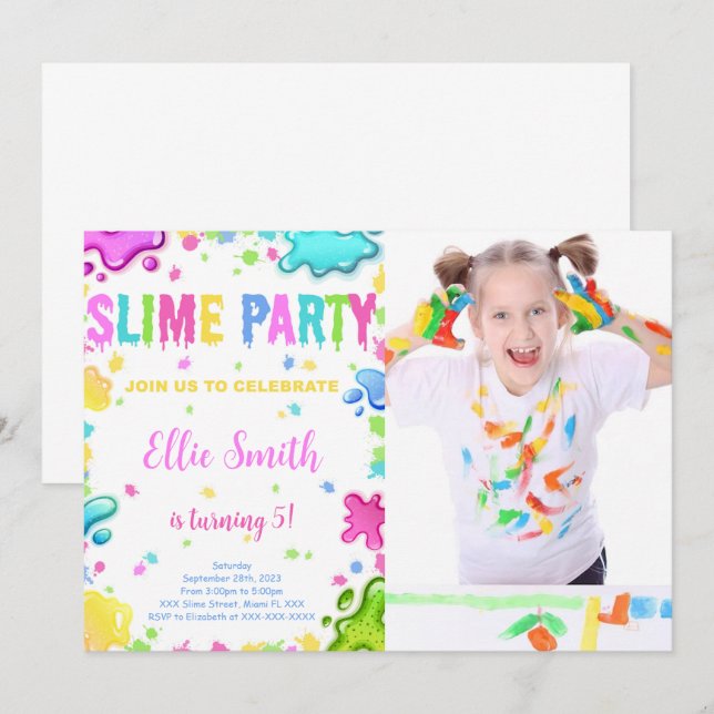 Editable Slime Birthday Einladung mit Foto (Vorne/Hinten)