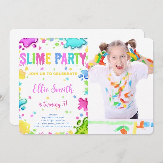 Editable Slime Birthday Einladung mit Foto (Vorne/Hinten)
