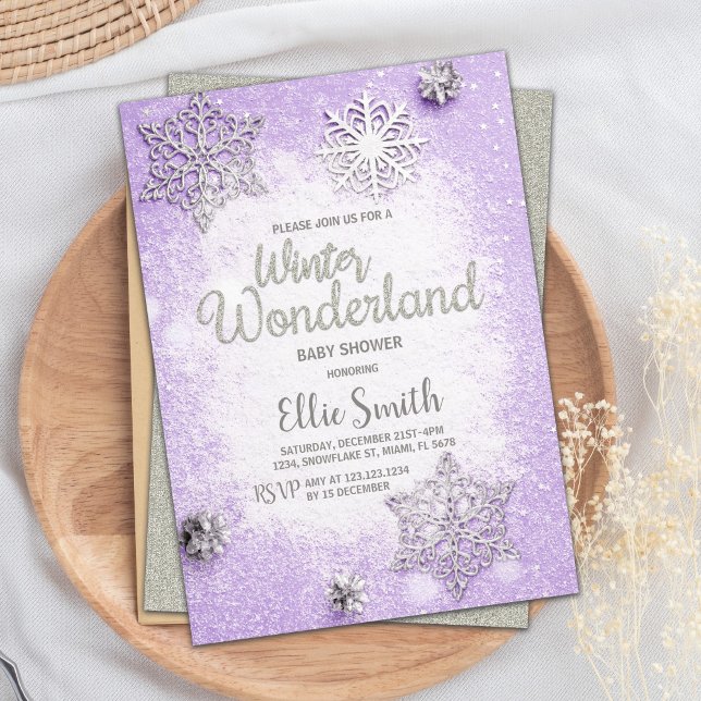 Editable Snowflake Theme Card für Girl Baby Dusche Einladung (Purple Winter Baby Shower Invitations)