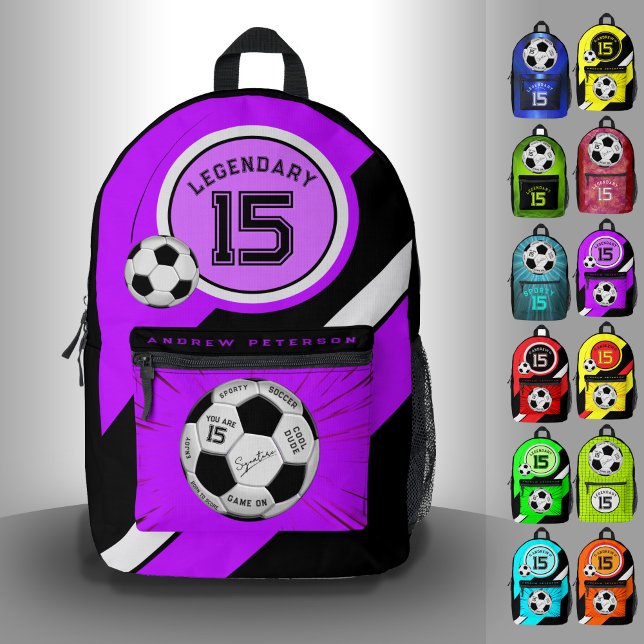Editable Soccer Ball Modern Purple Birthday Bedruckter Rucksack (Von Creator hochgeladen)