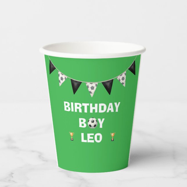 Editable Soccer Birthday Paper Cups  - Custom Name Pappbecher (Vorderseite)