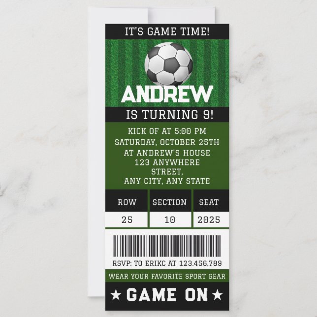 Editable Soccer Ticket Geburtstagsgeschenke Party Einladung (Vorderseite)