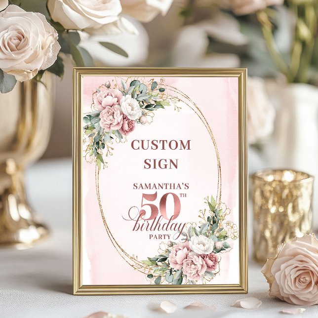 Editable Soft Blush Botanical 50th Birthday 8x10  Poster (Editable Soft Blush Botanical 50th Birthday 8x10 Sign)