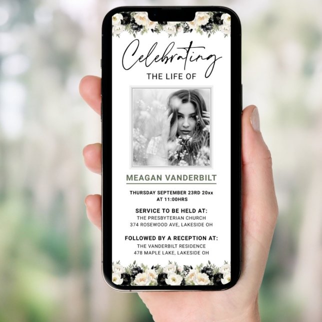 Editable Somber Digital Floral Funerite Evite Einladung (Editable Sombre Digital Floral Funeral Evite Invitation)