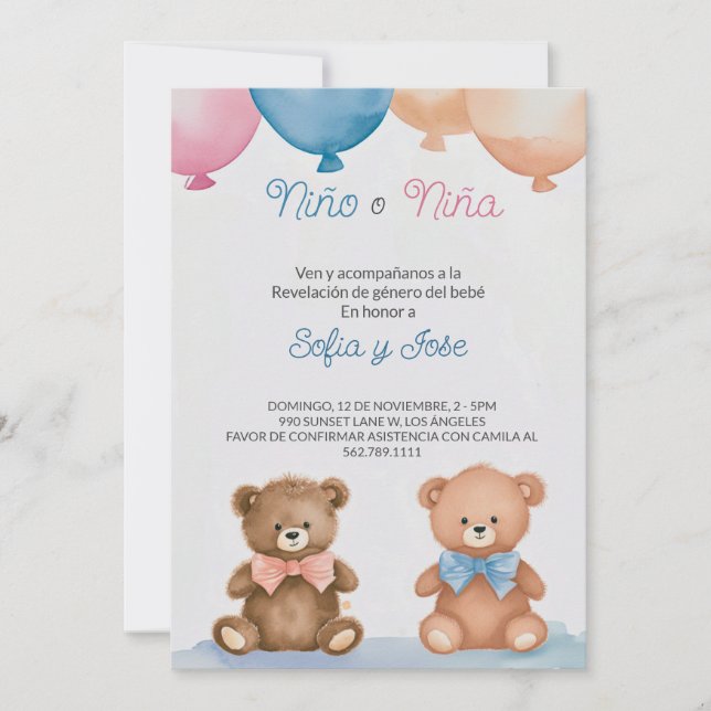 Editable Spanish Teddy Bear Gender Reveal Einladung (Vorderseite)