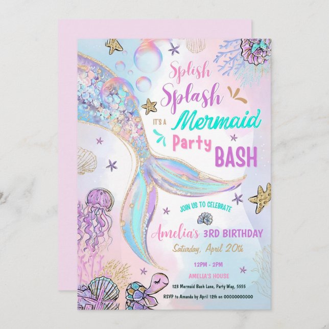Editable Sparkle Mermaid Party Einladung Pool Gir (Vorne/Hinten)