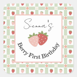 Editable Square Strawberry Gingham 1st Birthday  Quadratischer Aufkleber