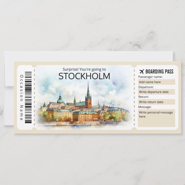 Editable Stockholm Flugzeug Ticket, Schweden Trip Einladung (Vorderseite)