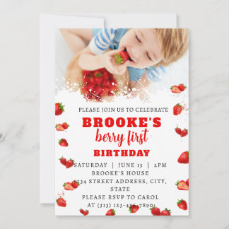 Editable Strawberry 1. Geburtstag Einladung